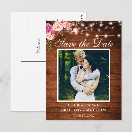 Hout Licht Roze Floral Foto opslaan Datum Briefkaart (Voorkant / Achterkant)