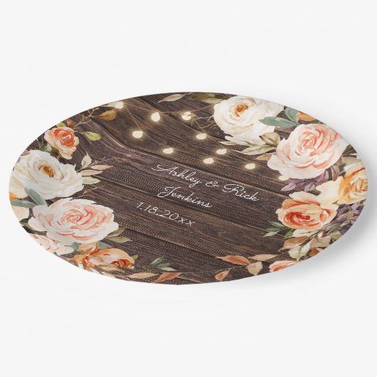 Hout, Lichten, Blush Roze & Perzik Bloemen Bruilof Papieren Bordje (Gekanteld)