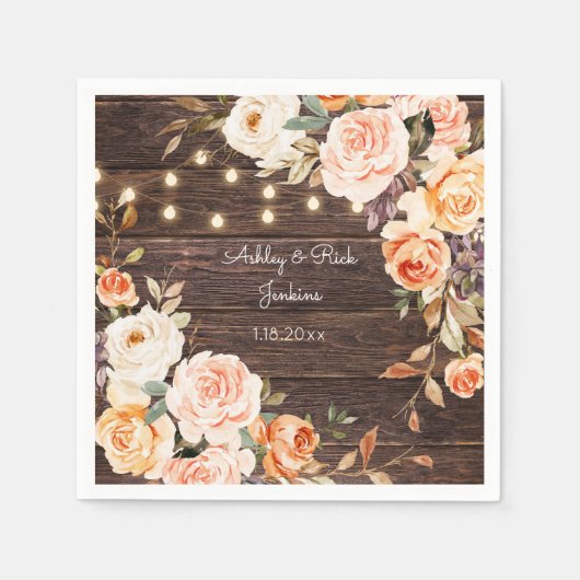 Hout, Lichten, Blush Roze & Perzik Bloemen Bruilof Servet (Voorkant)