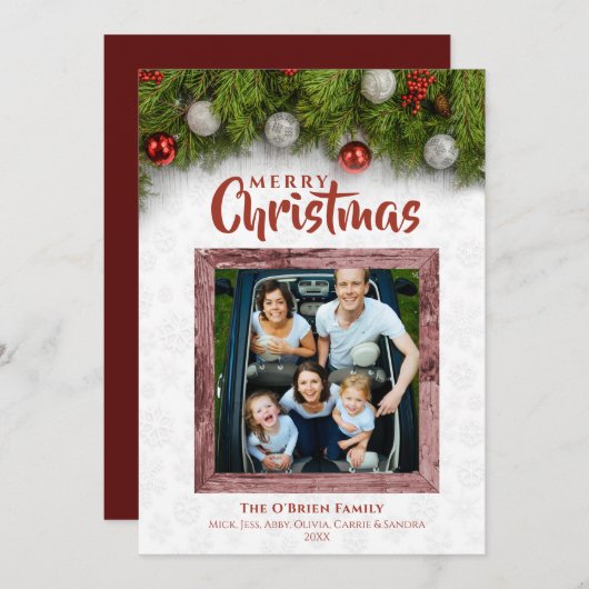 Hout Lijst Foto Vrolijk Kerstmis Pine Branch Feestdagenkaart (Voorkant / Achterkant)