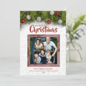Hout Lijst Foto Vrolijk Kerstmis Pine Branch Feestdagenkaart (Staand voorkant)