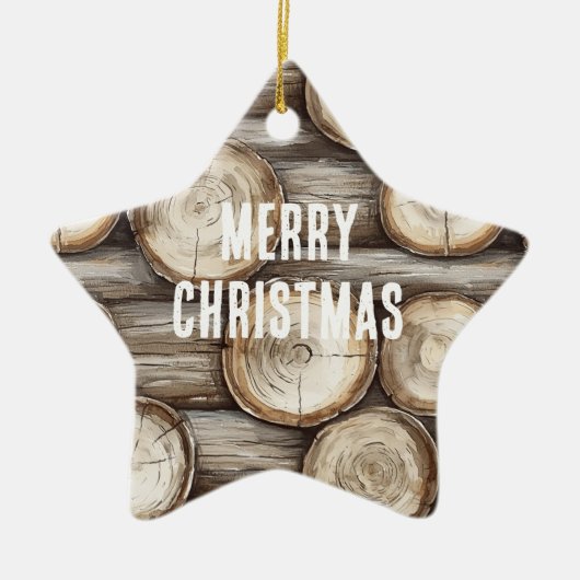 Hout Log Cabin Kerstmis Keramisch Ornament (Voorkant)