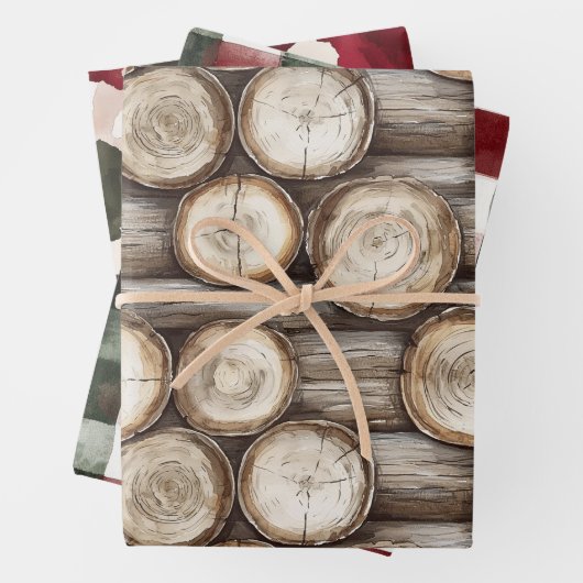 Hout Log Cabin Rood Groen Kerstmis Inpakpapier Vel (In situ)