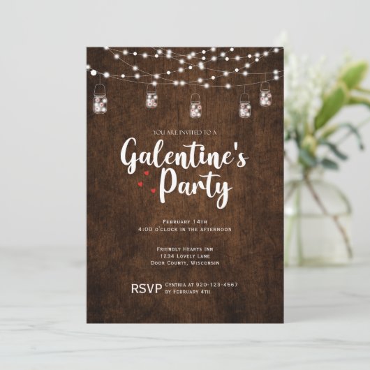 Hout Mason Jar Galentines Day Party Valentijn Kaart (Staand voorkant)