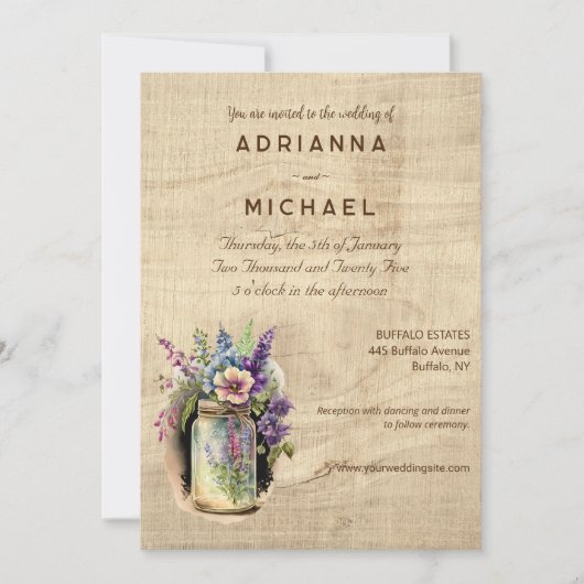 Hout Mason Jar Land Bloemen Bruiloft Uitnodiging (Voorkant)