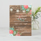 Hout, Mason Jars en Blauwgroen, koraalbloemig huwe Kaart (Staand voorkant)