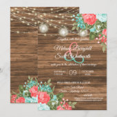 Hout, Mason Jars en Blauwgroen, koraalbloemig huwe Kaart (Voorkant / Achterkant)