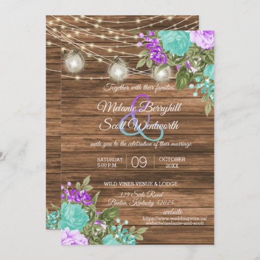 Hout, Mason Jars en Blauwgroen, Paarse ventilator Kaart (Voorkant / Achterkant)