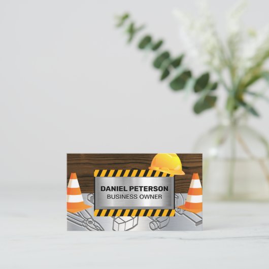 Hout Metaal | Bouwplaats | Waarschuwing Visitekaartje (Staand voorkant)