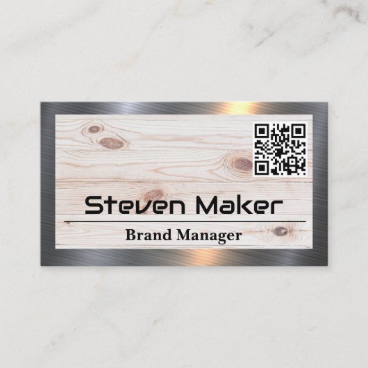 Hout | Metalen afwerking | QR-code Visitekaartje (Voorkant)