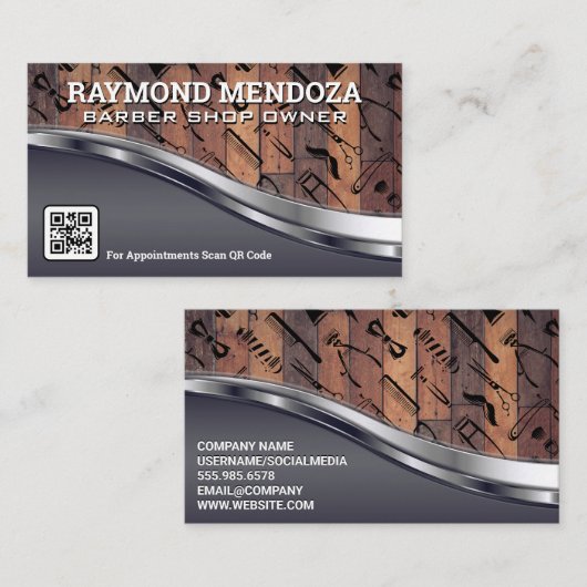 Hout Metallic | QR-code | Barber Shop Patroon Visitekaartje (Voorkant / Achterkant)