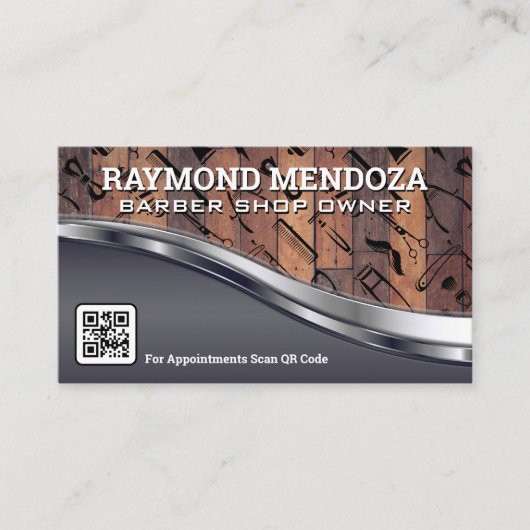 Hout Metallic | QR-code | Barber Shop Patroon Visitekaartje (Voorkant)