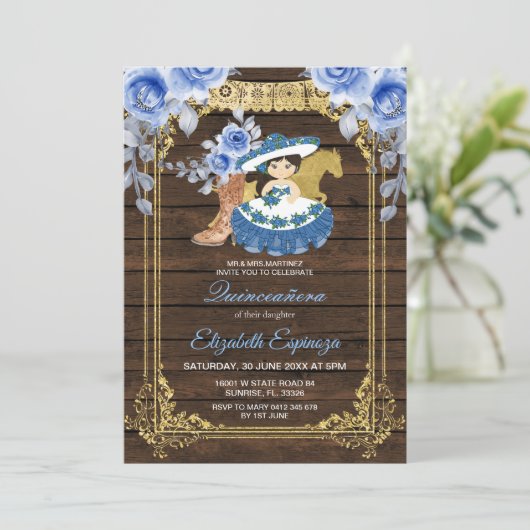 Hout Mexicaanse Quinceanera Blue Rozen Flowers Kaart (Staand voorkant)