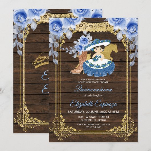 Hout Mexicaanse Quinceanera Blue Rozen Flowers Kaart (Voorkant / Achterkant)