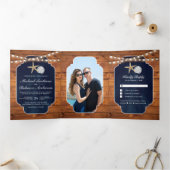 Hout Navy Blauwe Zeester Zand Dollar Strand Bruilo Drieluik Uitnodiging (Binnen)