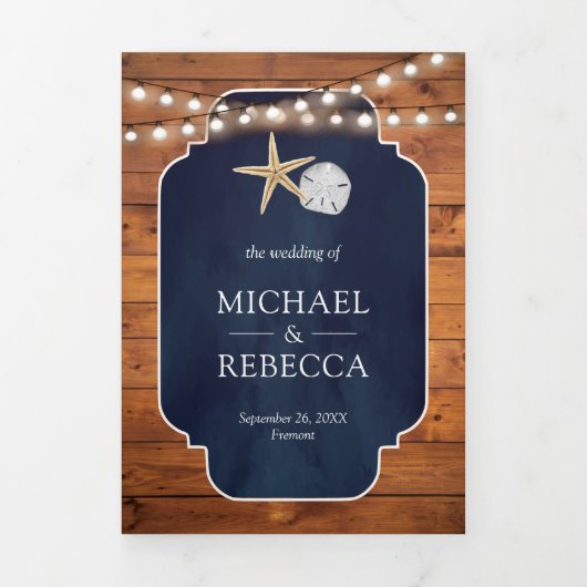 Hout Navy Blauwe Zeester Zand Dollar Strand Bruilo Drieluik Uitnodiging (Cover)