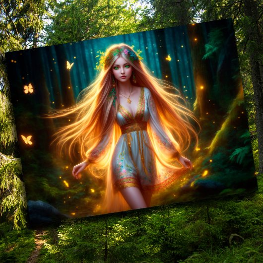 Hout nimf fee meisje goud helder bos bloemen briefkaart