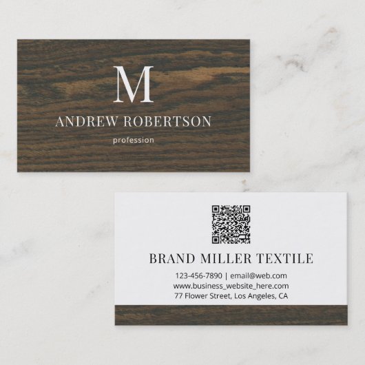 Hout Oak Pattern Monogram QR Code Visitekaartje (Voorkant / Achterkant)
