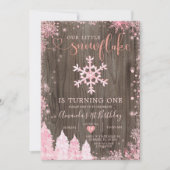 Hout Onederland Pink Snowflake 1st Birthday Kaart (Voorkant)