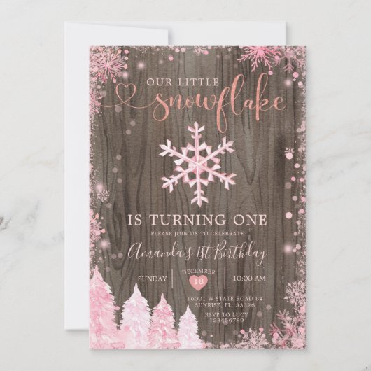 Hout Onederland Pink Snowflake 1st Birthday Kaart (Voorkant)