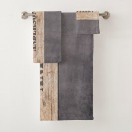 Hout op donkere achtergrond, familienaam bad handdoek