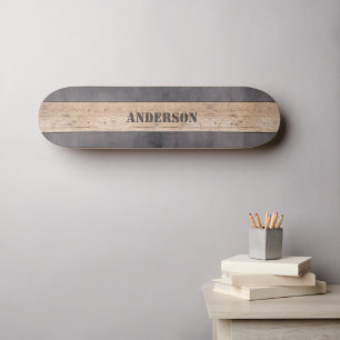 Hout op donkere achtergrond, naam persoonlijk skateboard