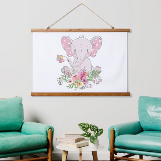 Hout Overgoten Wandtapijt Roze Olifant Bloemen Hangend Wandkleed (Woonkamer)
