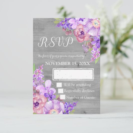  Hout Paarse Bloemen Bruiloft RSVP (Staand voorkant)