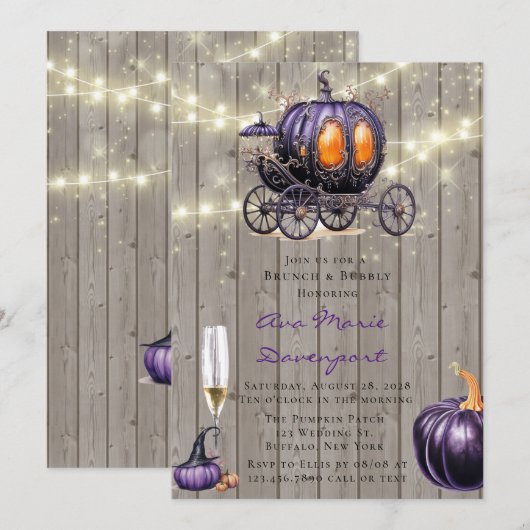 Hout Paarse Pompoen Carriage Brunch & Bubbly Kaart (Voorkant / Achterkant)