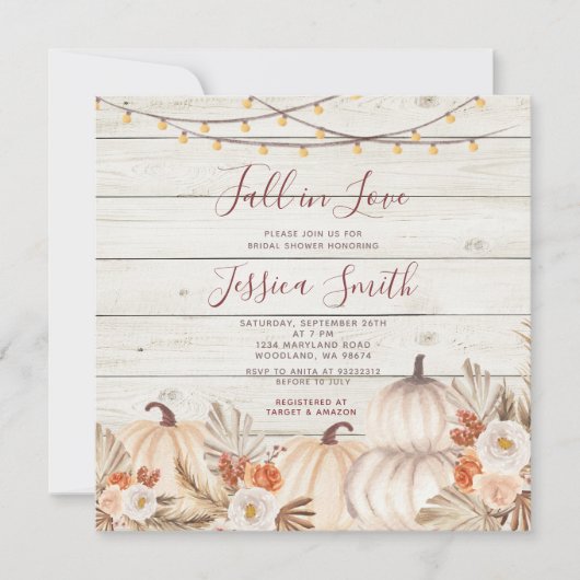 Hout Pampas Grass Pumpkin Herfst in Love Shower Kaart (Voorkant)