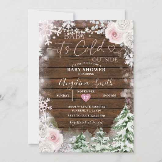 Hout Pastel Roze Snowflake Florence Baby shower Kaart (Voorkant)