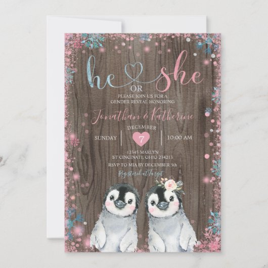 Hout Penguin Gender onthullen Hij of zij sneeuwvlo Kaart (Voorkant)