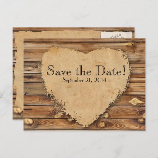 Hout perkament gehavende hart Save the Date Aankondigingskaart (Voorkant / Achterkant)