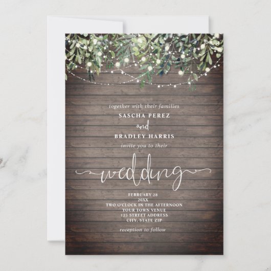 Hout Plank Greenery String Lights Wedding Kaart (Voorkant)