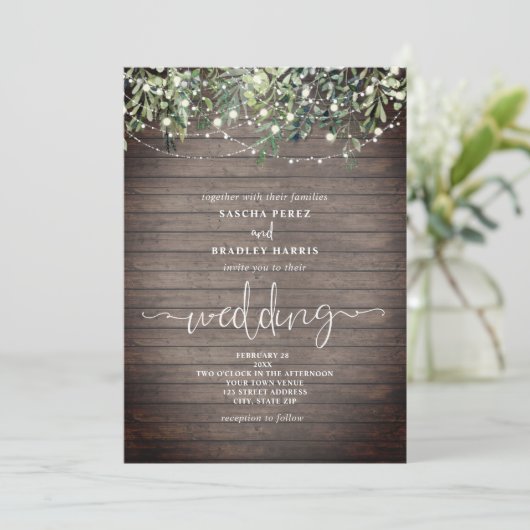 Hout Plank Greenery String Lights Wedding Kaart (Staand voorkant)