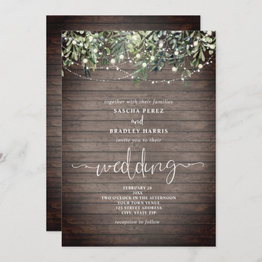 Hout Plank Greenery String Lights Wedding Kaart (Voorkant / Achterkant)