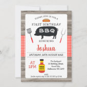 Hout Rood Plaid Varken BBQ 1e Verjaardag uitnodigi Kaart (Voorkant)