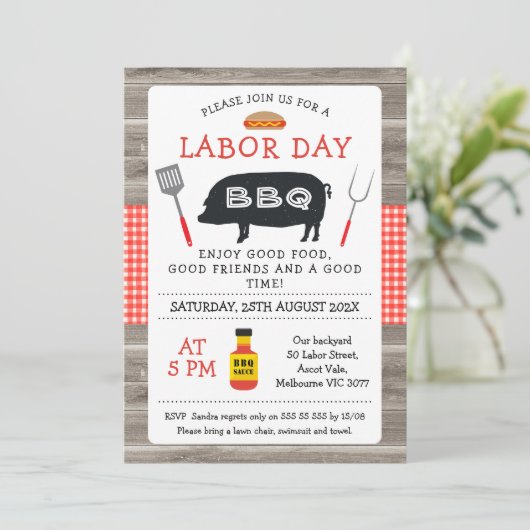 Hout Rood Plaid Varken Dag BBQ Uitnodiging (Staand voorkant)