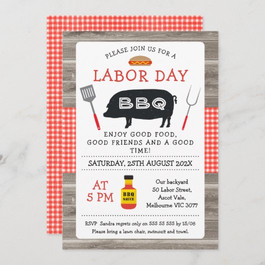 Hout Rood Plaid Varken Dag BBQ Uitnodiging (Voorkant / Achterkant)
