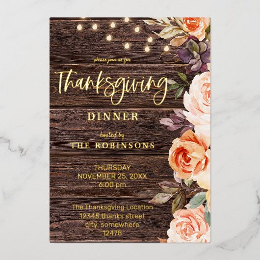 Hout Roze en Perzikflora met lichte Thanksgiving Folie Uitnodiging (Voorkant)