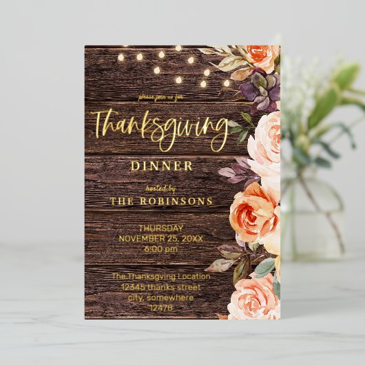 Hout Roze en Perzikflora met lichte Thanksgiving Folie Uitnodiging (Staand Voorkant)