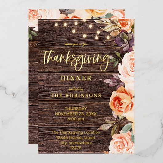 Hout Roze en Perzikflora met lichte Thanksgiving Folie Uitnodiging (Voorkant / Achterkant)