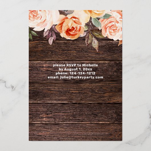 Hout Roze en Perzikflora met lichte Thanksgiving Folie Uitnodiging (Achterkant)