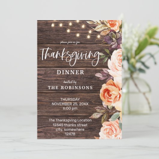 Hout Roze en Perzikflora met lichte Thanksgiving Kaart (Staand voorkant)