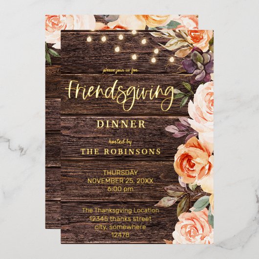 Hout Roze en PerzikFloral met licht Folie Uitnodiging (Voorkant / Achterkant)