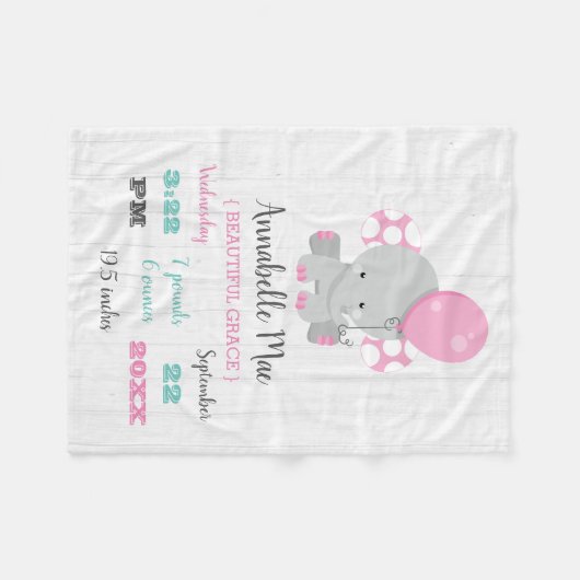 Hout Roze Olifant Meisje Baby Geboortestatistieken Fleece Deken (Voorkant (Horizontaal))
