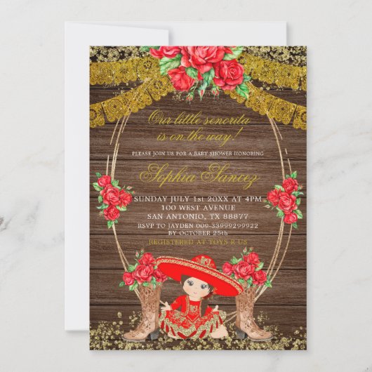 Hout Rustic Mexican Red Charra Baby shower Invite Kaart (Voorkant)