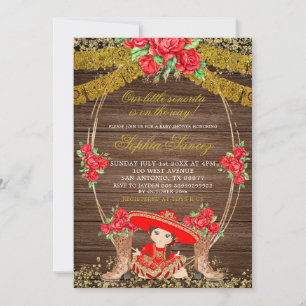 Hout Rustic Mexican Red Charra Baby shower Invite Kaart