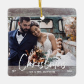 Hout Rustic Our First Kerstbruiloft Photo Keramisch Ornament (Voorkant)