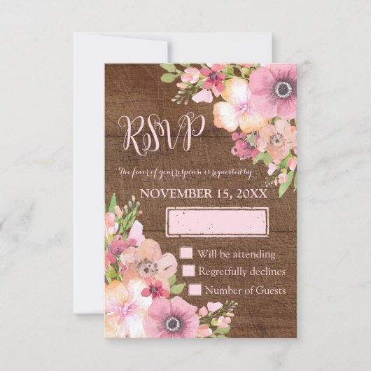 Hout Rustic Pink Flowers Weddenschap RSVP (Voorkant)